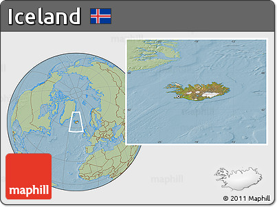 Satellite Location Map of Iceland, savanna style outside, hill shading