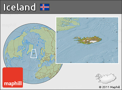 Satellite Location Map of Iceland, savanna style outside, hill shading