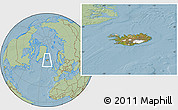 Satellite Location Map of Iceland, savanna style outside, hill shading
