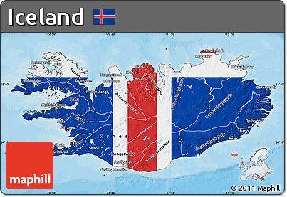 Flag Map of Iceland, satellite outside, bathymetry sea, flag aligned to the middle