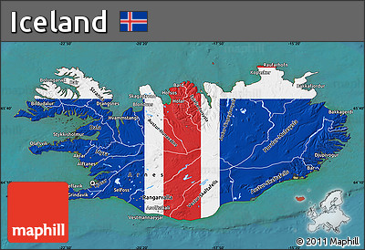 Flag Map of Iceland, satellite outside, flag aligned to the middle