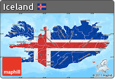 Flag Map of Iceland, single color outside, bathymetry sea