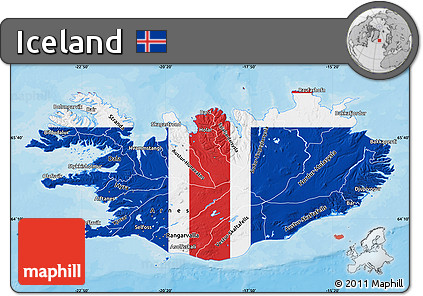 Flag Map of Iceland, single color outside, bathymetry sea, shaded relief sea, flag aligned to the middle
