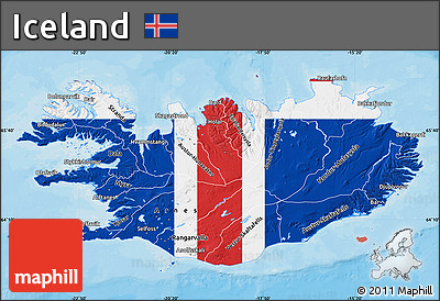 Flag Map of Iceland, single color outside, bathymetry sea, shaded relief sea, flag aligned to the middle