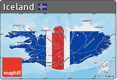Flag Map of Iceland, single color outside, bathymetry sea, shaded relief sea, flag aligned to the middle