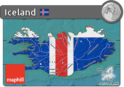 Flag Map of Iceland, single color outside, satellite sea, flag aligned to the middle