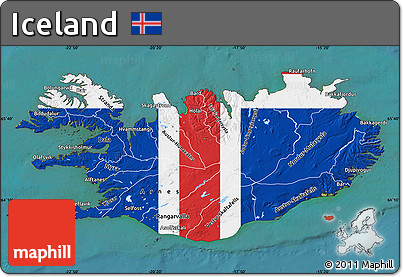 Flag Map of Iceland, single color outside, satellite sea, flag aligned to the middle