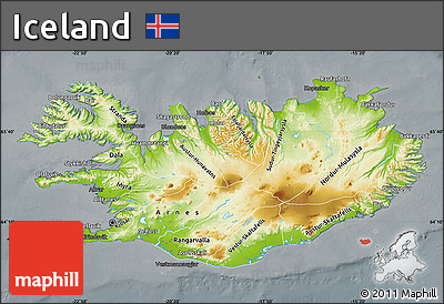 Physical Map of Iceland, darken, semi-desaturated