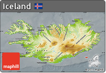Physical Map of Iceland, darken, semi-desaturated