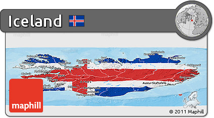 Flag Panoramic Map of Iceland, satellite outside, bathymetry sea, flag centered