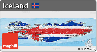 Flag Panoramic Map of Iceland, satellite outside, bathymetry sea, flag centered