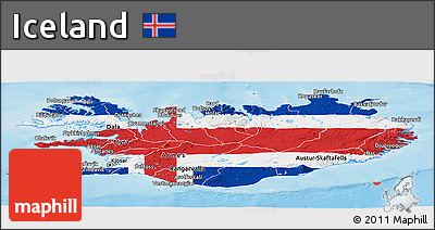 Flag Panoramic Map of Iceland, shaded relief outside, flag centered