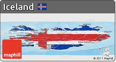 Flag Panoramic Map of Iceland, shaded relief outside, flag centered