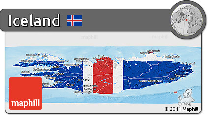 Flag Panoramic Map of Iceland, shaded relief outside, flag aligned to the middle