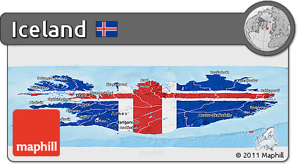 Flag Panoramic Map of Iceland, single color outside, shaded relief sea, flag rotated