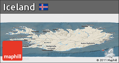 Shaded Relief Panoramic Map of Iceland, darken