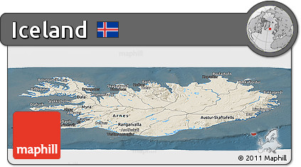 Shaded Relief Panoramic Map of Iceland, darken