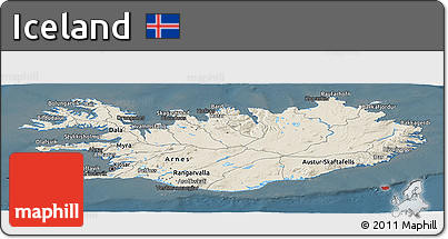 Shaded Relief Panoramic Map of Iceland, darken
