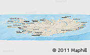 Shaded Relief Panoramic Map of Iceland, darken, semi-desaturated, land only