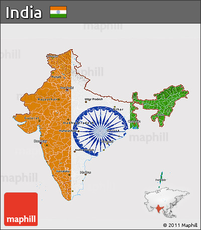 Flag 3D Map of India, flag aligned to the middle