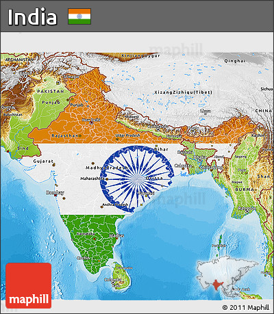 Flag 3D Map of India, physical outside, bathymetry sea, flag centered