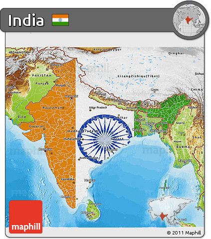 Flag 3D Map of India, physical outside, bathymetry sea, flag aligned to the middle