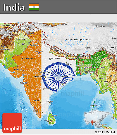 Flag 3D Map of India, physical outside, bathymetry sea, flag aligned to the middle