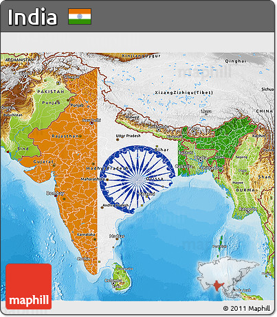 Flag 3D Map of India, physical outside, bathymetry sea, flag aligned to the middle
