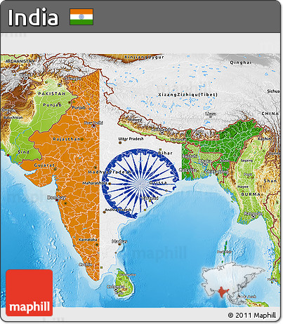 Flag 3D Map of India, physical outside, flag aligned to the middle