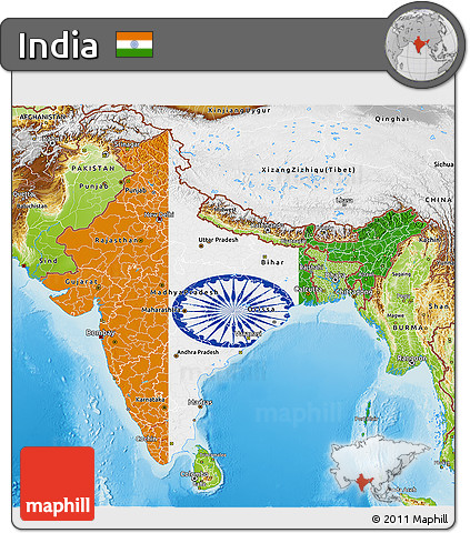 Flag 3D Map of India, physical outside, flag rotated