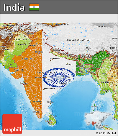 Flag 3D Map of India, physical outside, flag rotated
