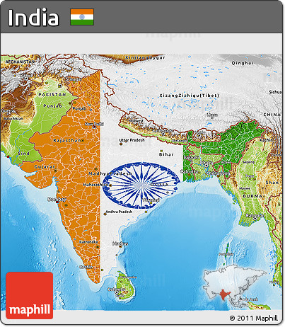 Flag 3D Map of India, physical outside, flag rotated