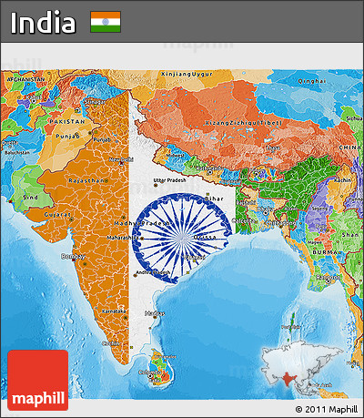Flag 3D Map of India, political outside, flag aligned to the middle