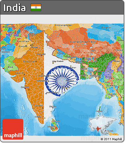 Flag 3D Map of India, political outside, flag aligned to the middle