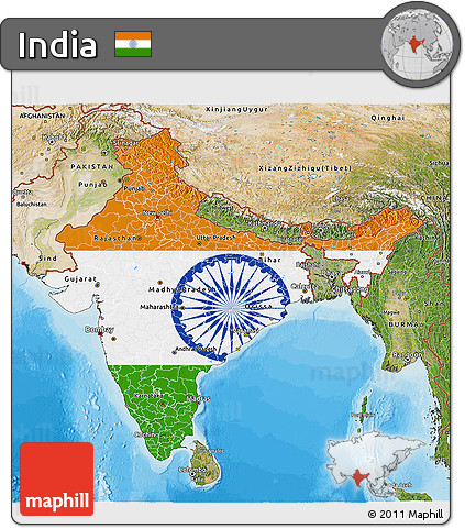 Flag 3D Map of India, satellite outside, bathymetry sea, flag centered