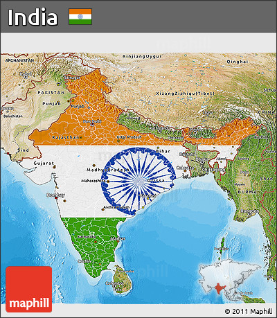 Flag 3D Map of India, satellite outside, bathymetry sea, flag centered