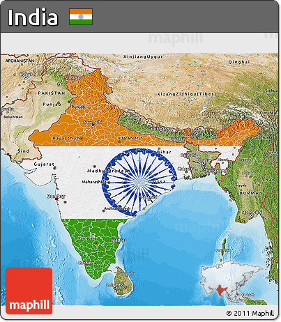 Flag 3D Map of India, satellite outside, bathymetry sea, flag centered