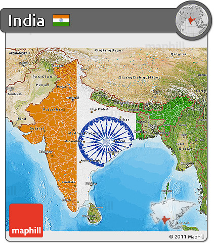 Flag 3D Map of India, satellite outside, bathymetry sea, flag aligned to the middle
