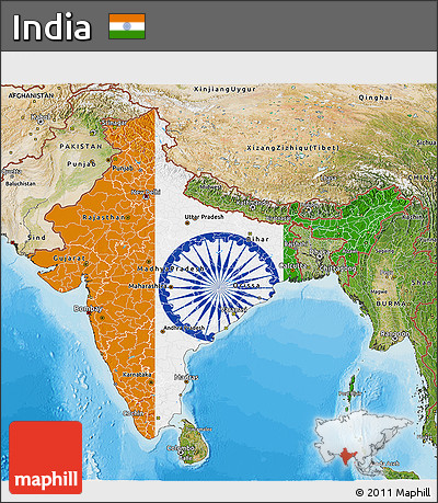Flag 3D Map of India, satellite outside, bathymetry sea, flag aligned to the middle