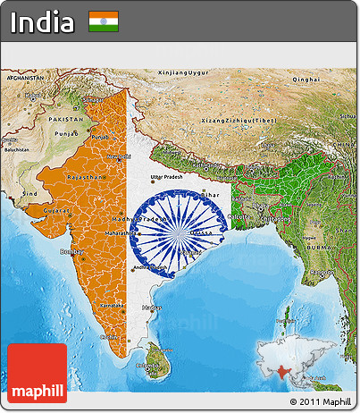 Flag 3D Map of India, satellite outside, bathymetry sea, flag aligned to the middle
