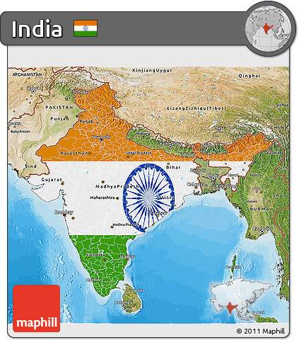 Flag 3D Map of India, satellite outside, bathymetry sea