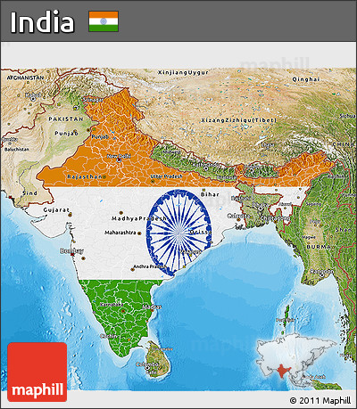 Flag 3D Map of India, satellite outside, bathymetry sea