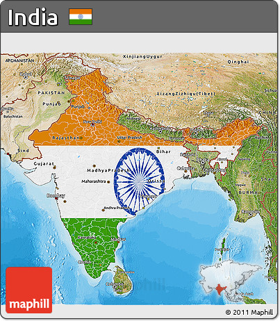 Flag 3D Map of India, satellite outside, bathymetry sea