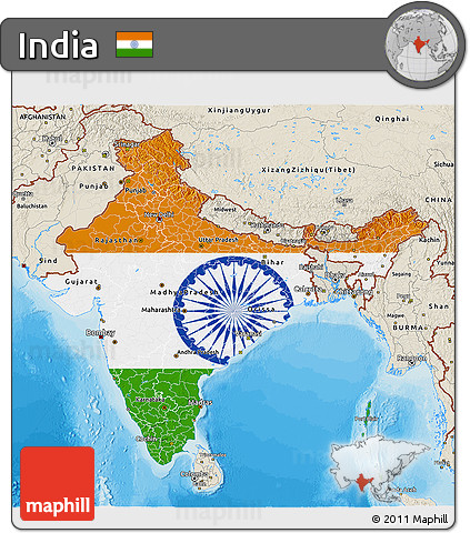 Flag 3D Map of India, shaded relief outside, bathymetry sea, flag centered