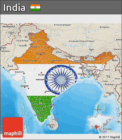Flag 3D Map of India, shaded relief outside, bathymetry sea, flag centered