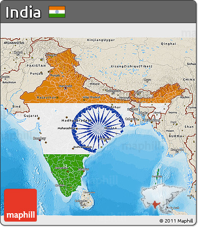Flag 3D Map of India, shaded relief outside, bathymetry sea, flag centered