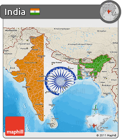 Flag 3D Map of India, shaded relief outside, bathymetry sea, flag aligned to the middle