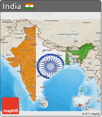 Flag 3D Map of India, shaded relief outside, bathymetry sea, flag aligned to the middle