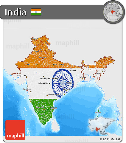 Flag 3D Map of India, single color outside, bathymetry sea