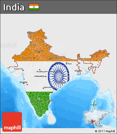 Flag 3D Map of India, single color outside, bathymetry sea